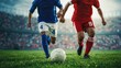 © Arfa_Media - Low angle view of two professional football players in red and blue jerseys running for possession of ball on grass field during stadium match. High quality photo