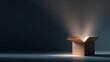 © papa papong - A mysterious cardboard box, radiating light, representing potential and wonder. The box is open, revealing a hidden source of illumination