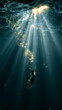 © Ackbara Studio - Deep underwater fantasy artwork with glowing rays above a floating silhouette, creating peaceful cosmic atmosphere and dreamlike mystery.