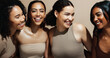 © peopleimages.com - Happy, women and friends with skincare for wellness, bonding together or diversity for beauty community. Portrait, people and support for dermatology, cosmetics and glowing skin on studio background.