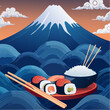 © Create of God - Mount fuji and sushi with chopsticks and rice bowl in japanese style, asian food