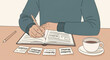 © esse - Vector illustration of a person in a grey sweater writing in a notebook on a desk with a cup of coffee, gratitude notes, and a pencil, focusing on mindfulness and journaling.