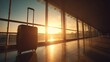 © ЮРИЙ ПОЗДНИКОВ - Black suitcase with wheels positioned near airport terminal window at sunset, golden light streaming in