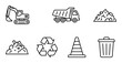 © Khmel - Seven black and white line art icons representing construction and waste management, featuring an excavator, dump truck, rubble, recycling symbol, traffic cone, and trash can