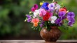 © savittree - Beautiful ceramic vase filled with vibrant sweet pea flowers in a lush garden setting captured during the golden hour of sunset
