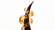 © RayenAI Studio - Close-up of a single strand of healthy, dark hair with a golden, nourishing serum spiraling around it, against a pure white background