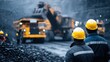 © KYR - Workers in Safety Helmets Observing Heavy Machinery Operations in a Dimly Lit Coal Mining Site with Trucks and Excavators