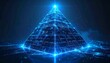 © ruangrit19 - A glowing blue digital pyramid featuring abstract mathematical symbols and futuristic data connections representing advanced technology concepts.