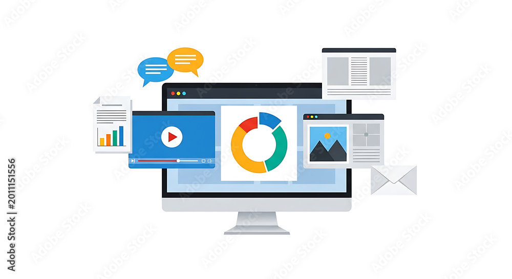 The image shows a computer monitor displaying a colorful pie chart ...