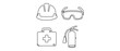 © Saim - Safety first vector icon set for workplace training featuring a hard hat, goggles, first aid kit, and fire extinguisher with an editable stroke for adjustable line weight and thin line style.