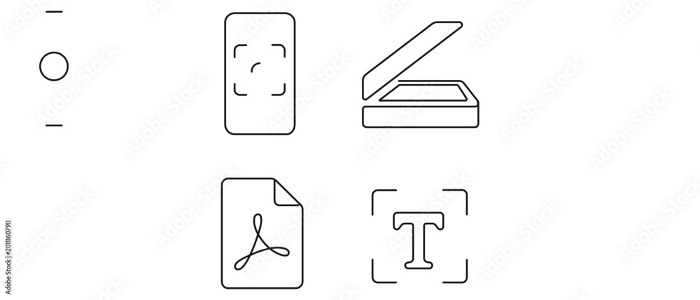 Comprehensive vector icon set featuring document scanning tools ...