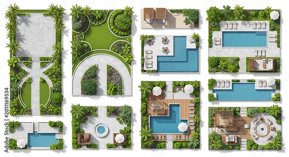 Pool Plan Top View Design A collection of architectural top view illustrations showing diverse ...