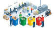 © Anggora - Isometric illustration of diverse workers sorting recyclable materials into color-coded bins and operating machinery in a waste recycling plant with a clean, bright, and organized