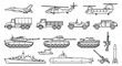 © SERINA AKTHER - Military vehicles and equipment line drawing on a white background