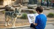 © FACTORY GRAPHICA  - Young Boy Reading Wolf Book Beside Zoo Enclosure Glass