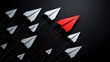 © Fitria - Leadership and Innovation Concept with Red Paper Airplane Leading White Planes in Dynamic Motion, Business Growth, Disruption and Strategic Direction on Dark Background