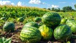 © rondaf - Ripe Green Watermelon Harvest Growing in Sunny Agricultural Field