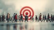 © Rudi - Crowd moving towards a large, blurry red target in the background