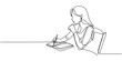 © Creative Tania - Continuous one line drawing of a young woman taking some notes. A girl is study on her bedroom and writing with pen on paper isolated on white background. E-learning concept. Vector illustration