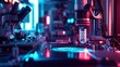 © Olsek - Close-up view of advanced microscope equipment in a futuristic lab highlighting intricate details and vibrant lights showcasing technology and innovation in research. Generative AI