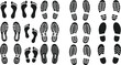 © Lipon - Human footprints and shoe sole prints collection with barefoot steps and tread patterns, black silhouette vector illustration set isolated on white background