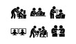 © Framezy - Office support and training icon set. coaching, mentoring, feedback, remote monitoring, assistance, document review. flat vector illustration isolated on white background.