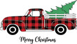 © Aminul - Vintage red plaid Christmas truck vector illustration carrying a green pine tree with Merry Christmas text for holiday cards and winter seasonal decor designs.