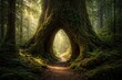 © The 2R Artificiality - Serene path shaped within a colossal tree trunk amidst dense woodland greenery
