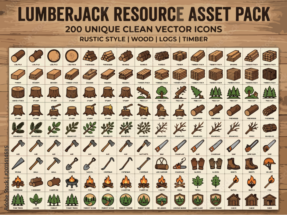 Lumberjack resource asset pack with 200 unique clean vector icons ...