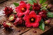 © AkuAku - Fresh red Hibiscus sabdariffa flowers alongside fruit on rough wooden background emphasizing bright petals and textured details suited for syrup and tea