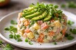 © AkuAku - Close up capture of a colorful Russian salad garnished with avocado and cilantro sprouts featuring copy space