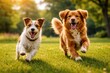 © TheWaterMeloonProjec - Energetic terrier and toller pets frolicking on fresh green grass lawn full length on a sunny summer day