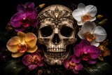 Elaborately decorated human skull encircled by colorful orchids with a deep black background expressing life and death themes