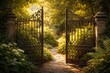 © NeuralNiche - Detailed wrought iron gate half open revealing dense garden greenery under mellow golden sunlight copy space