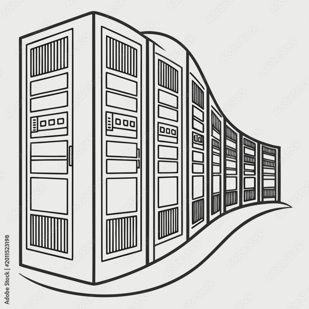 server rack illustration in wave pattern black and white line drawing ...