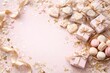 © NeuralNiche - Wedding favor arrangement with confetti and sweets on a pastel pink surface viewed from overhead with copy space