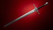 © Nasira - 3D medieval longsword illustration with polished steel blade cruciform guard and black grip displayed on dramatic red background