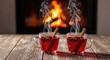 © Chanchai - Two elegant glass mugs of steaming red drink rest on a rustic wooden table by a glowing hearth, creating a warm and festive holiday mood, hearth, transparent, woodgrain