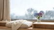 © nico - Japandi window reading nook with hydrangeas on rainy day, peaceful interior banner with copy space