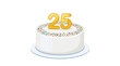 © Mimi - A round white cake with a vibrant sprinkle coating and a prominent gold number twenty-five topper sits centered on a clean white surface with soft studio lighting.