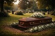 © Seyyar - Traditional wooden coffin lying in peaceful graveyard with copy space