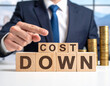 © magele-picture - Cost Down - Geschäftsmann zeigt auf den Text 'Cost Down'