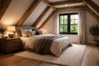 © vxnaghiyev - Cozy attic bedroom scene side perspective light wood floor with bed nightstand black wooden window frame and white carpet mockup