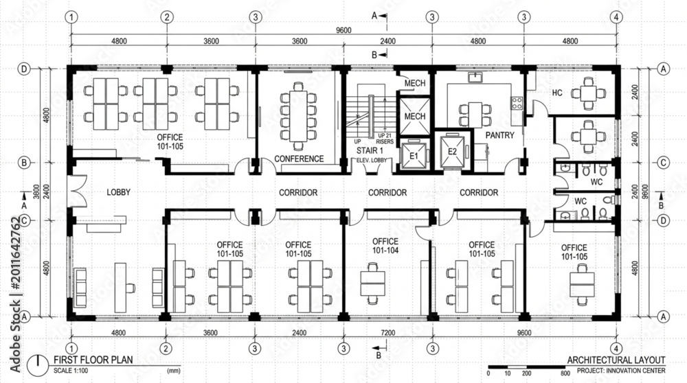 Architectural floor plan drawing with dimensions and room layouts ...