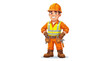 © Ibnatul - A cartoon construction worker wearing an orange jumpsuit and safety vest standing confidently with tools in hand against a plain white background.