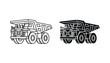 © Vector - Heavy duty mining dump truck vector icon set featuring outline and solid black silhouette for construction and industrial machinery branding
