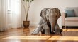© termi - Adorable baby elephant sitting with stuffed animal toy in a bright living room.