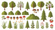 © Masud - Large set of flat design forest elements including various tree species, bushes, mushrooms, acorns, and grass on a white background.