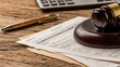 © navisatul - Wooden gavel rests on a legal document next to a luxury fountain pen on a desk.