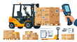 © Bening - Yellow industrial forklift carries a stack of cardboard shipping boxes while a scanner reads the barcode for logistics tracking
